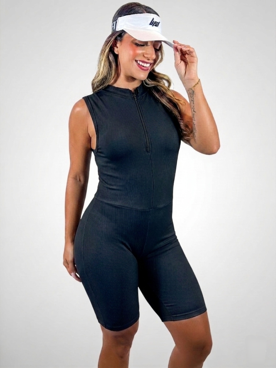 Macacão Feminino Fitness Canelado Curto de Alta Compressão com Ziper – Uppfit