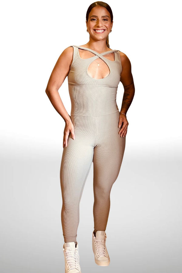 Macacão Feminino Canelado com Decote Cruzado em Malha Conforto – Uppfit